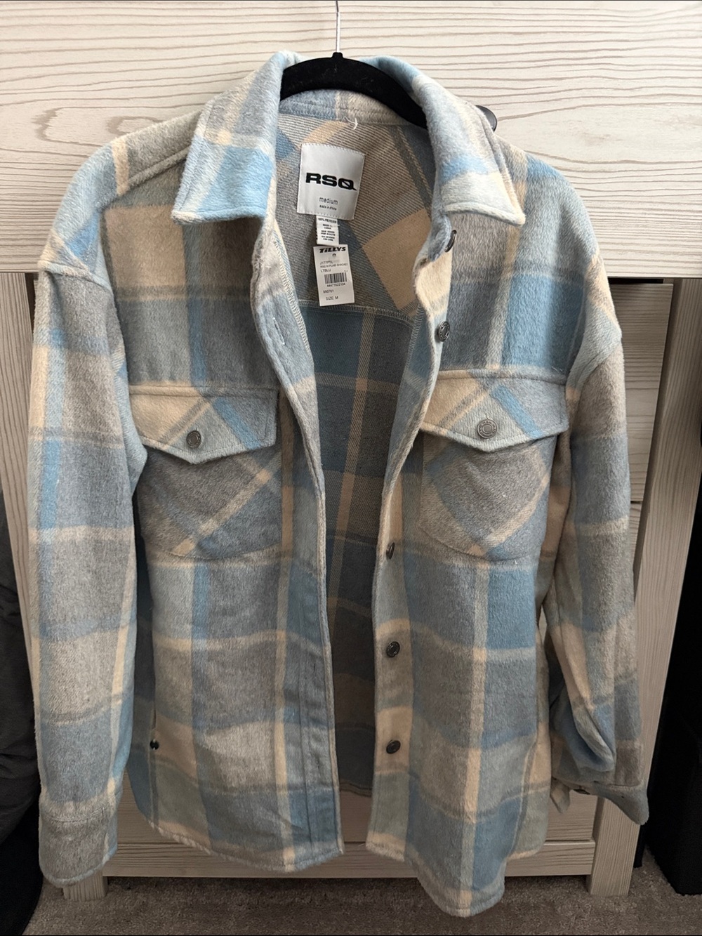 RSQ Men's Light Blue and Cream Plaid Shacket